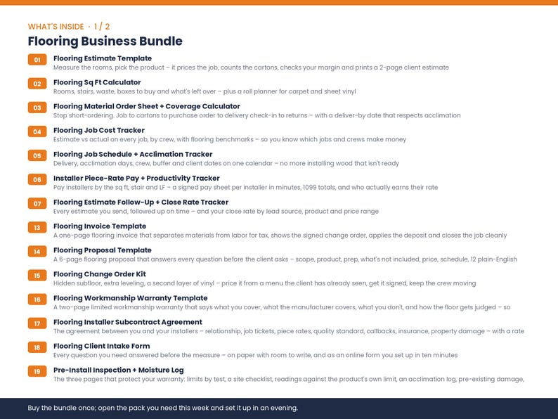 May include: A digital document titled Flooring Business Bundle listing 15 business templates including a Flooring Estimate Template, Sq Ft Calculator, Material Order Sheet, Job Cost Tracker, Schedule, Pay Tracker, Invoice, Proposal, and Warranty.