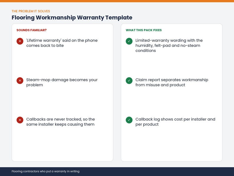 May include: A Flooring Workmanship Warranty Template document featuring two columns. The left side lists common problems with red X icons, while the right side outlines solutions with green checkmark icons, detailing warranty wording and logs.