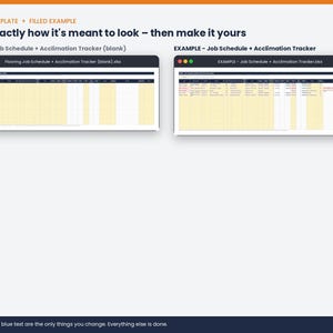 Blank Flooring Job Schedule + Acclimation Tracker next to the filled example job, so you can see exactly how it is used.