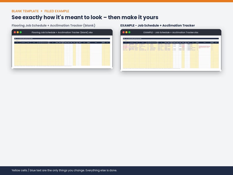 Blank Flooring Job Schedule + Acclimation Tracker next to the filled example job, so you can see exactly how it is used.