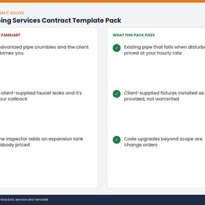 May include: A Plumbing Services Contract Template Pack document featuring two columns. The left column lists common problems with red X icons, while the right column lists solutions with green check icons, detailing contract terms for plumbing work.