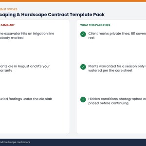 Common paperwork problems the Landscaping & Hardscape Contract Template Pack solves for landscape and hardscape contractors, and how it fixes them.