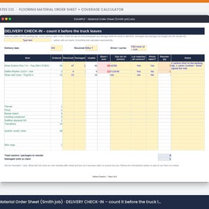 May include: A digital spreadsheet titled Trade Templates Co. Flooring Material Order Sheet and Coverage Calculator. The document features a Delivery Check-In table with columns for item, ordered, received, damaged, usable, short or over, and notes.