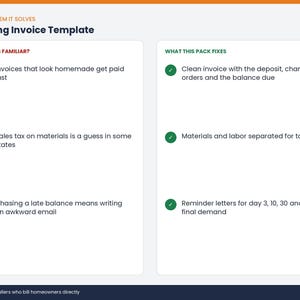 May include: A Flooring Invoice Template document featuring two columns. The left column titled SOUNDS FAMILIAR lists three common business problems with red X icons. The right column titled WHAT THIS PACK FIXES lists three solutions with green checkmark icons.
