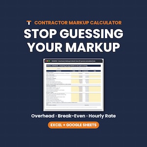 Contractor Markup Calculator, Overhead, Break-Even Hourly Rate, Profit Margin Pricing, Excel Google Sheets image 1