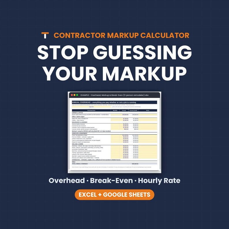 Contractor Markup Calculator, Overhead, Break-Even Hourly Rate, Profit Margin Pricing, Excel Google Sheets image 1