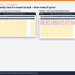May include: A digital spreadsheet template titled Work Order Log & Dispatch Board, shown in two versions: a blank yellow grid with dark blue headers and a filled example with rows of data, displayed within two dark-themed window frames.