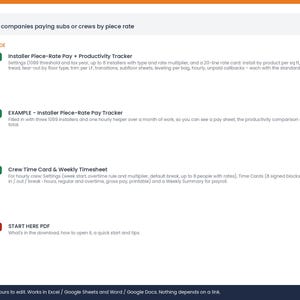 May include: A digital download list for flooring companies featuring an Installer Piece-Rate Pay and Productivity Tracker, an Example Installer Piece-Rate Pay Tracker, a Crew Time Card and Weekly Timesheet, and a Start Here PDF document.