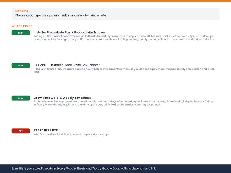 May include: A digital download list for flooring companies featuring an Installer Piece-Rate Pay and Productivity Tracker, an Example Installer Piece-Rate Pay Tracker, a Crew Time Card and Weekly Timesheet, and a Start Here PDF document.