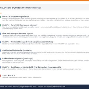 May include: A digital document set for construction professionals including a Punch List & Walkthrough Tracker, Final Walkthrough Checklist & Sign-off, Certificate of Substantial Completion, Certificate of Completion, and a Start Here PDF guide.