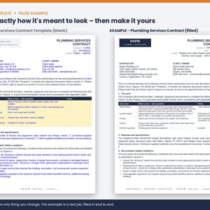 May include: A digital document template for a plumbing services contract, displayed in two versions: a blank form with placeholders for contractor and client details, and a completed example showing specific project information and service terms.