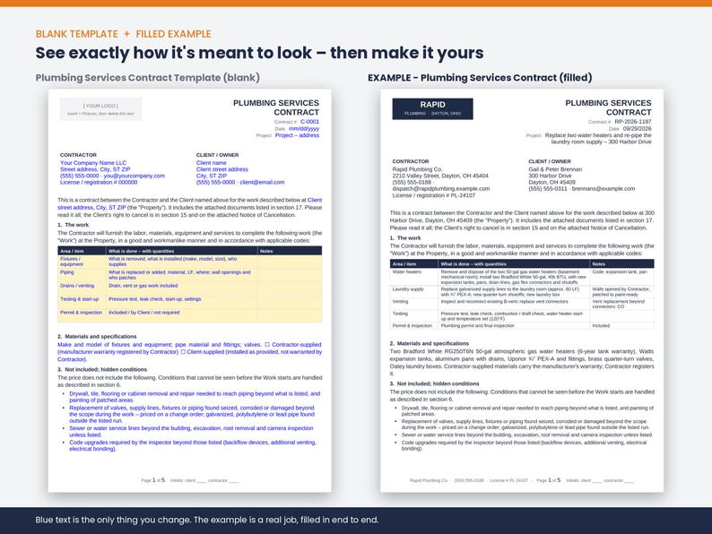 May include: A digital document template for a plumbing services contract, displayed in two versions: a blank form with placeholders for contractor and client details, and a completed example showing specific project information and service terms.