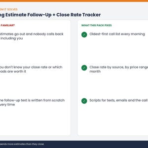 May include: A digital document titled Flooring Estimate Follow-Up + Close Rate Tracker. The left column lists common business problems with red X icons, while the right column outlines solutions with green check marks for tracking and scripts.