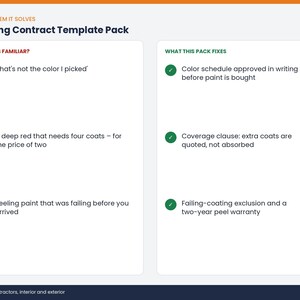 May include: A digital graphic titled Painting Contract Template Pack. The left column, Sounds Familiar, lists three common painting issues with red X icons. The right column, What This Pack Fixes, lists three solutions with green checkmark icons.