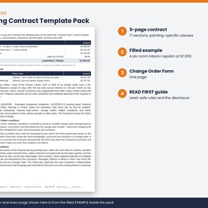 May include: A Painting Contract Template Pack document featuring a 5-page contract with 17 sections, a filled example of a six-room interior repaint, a one-page Change Order Form, and a READ FIRST guide covering lead-safe rules and disclosures.