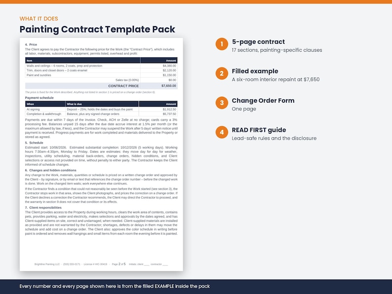 May include: A Painting Contract Template Pack document featuring a 5-page contract with 17 sections, a filled example of a six-room interior repaint, a one-page Change Order Form, and a READ FIRST guide covering lead-safe rules and disclosures.