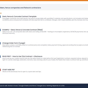 May include: A digital document bundle for deck, fence, and flatwork contractors. Includes a five-page contract template, a filled example, a change order form, a how-to guide, and a start here PDF. Files are compatible with Word, Excel, and Google Docs.