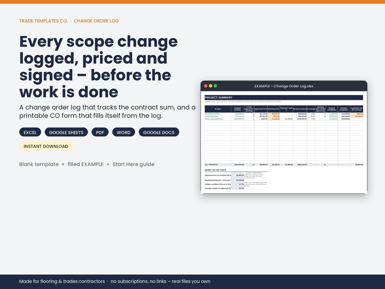May include: A digital change order log template for contractors featuring text that reads Trade Templates Co. Change Order Log, Every scope change logged, priced and signed, and Example - Change Order Log.xlsx with software icons.