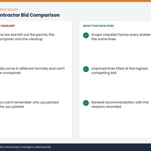 May include: An infographic titled Subcontractor Bid Comparison. The left column, Sounds Familiar, lists three common issues with red X icons. The right column, What This Pack Fixes, lists three solutions with green check marks for GCs, remodelers, and property managers.