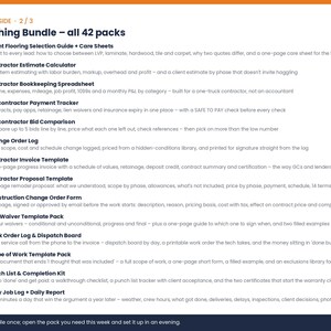 May include: A digital document list titled Everything Bundle - all 42 packs, featuring numbered orange icons next to contractor resources like Client Flooring Selection Guide, Contractor Estimate Calculator, and various logs, templates, and trackers.