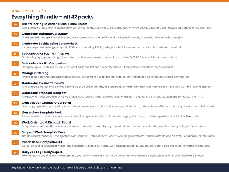 May include: A digital document list titled Everything Bundle - all 42 packs, featuring numbered orange icons next to contractor resources like Client Flooring Selection Guide, Contractor Estimate Calculator, and various logs, templates, and trackers.