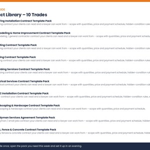 May include: A digital document titled Contract Library &ndash; 10 Trades, listing ten professional service contract templates numbered 33 through 42. Each entry includes the trade name, such as Flooring, Remodeling, Painting, Roofing, Plumbing, Electrical, HVAC, Landscaping, Handyman, and Deck, Fence & Concrete.