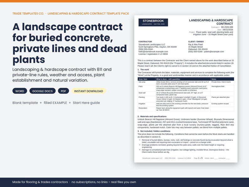 Landscaping & Hardscape Contract Template Pack – A landscape contract for buried concrete, private lines and dead plants. Includes a blank template, a filled example and a Start Here guide.