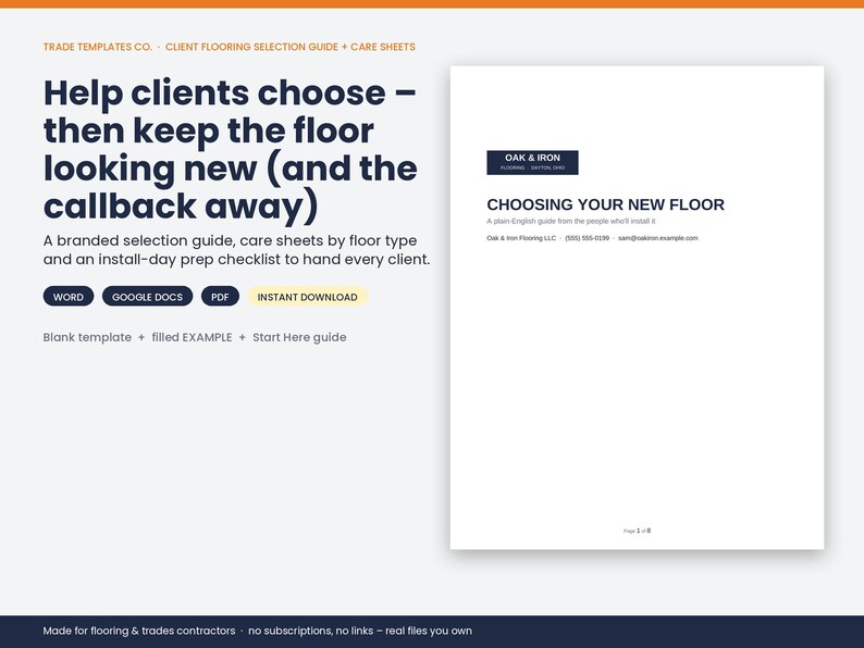 May include: A digital flooring selection guide and care sheet template for contractors. The text reads: Help clients choose &ndash; then keep the floor looking new (and the callback away). Includes Word, Google Docs, and PDF formats for download.