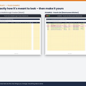 May include: A digital spreadsheet template titled Punch List & Walkthrough Tracker, displayed in two versions: a blank yellow grid and a completed example for a kitchen project, featuring dark blue headers and organized columns for tracking tasks.