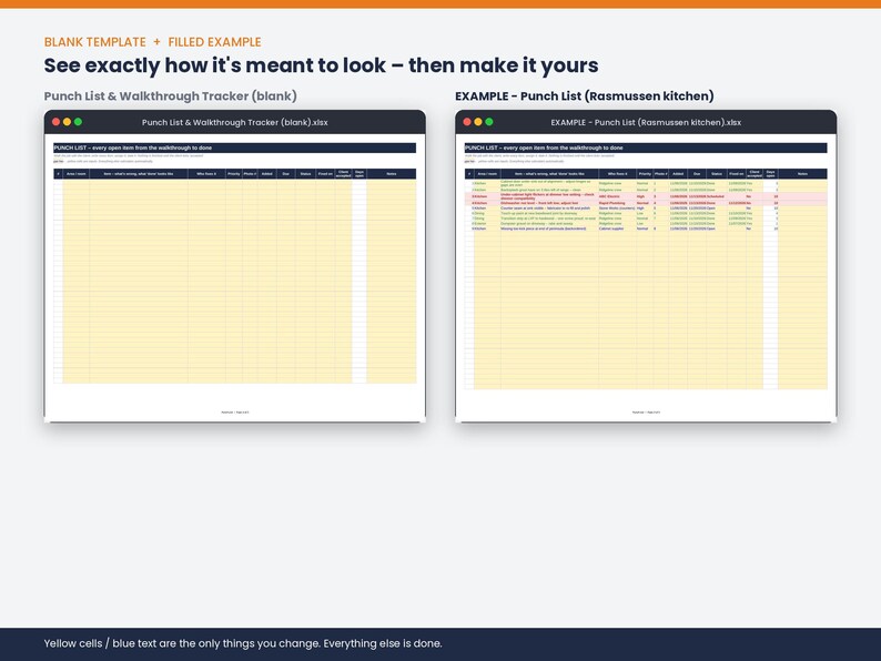 May include: A digital spreadsheet template titled Punch List & Walkthrough Tracker, displayed in two versions: a blank yellow grid and a completed example for a kitchen project, featuring dark blue headers and organized columns for tracking tasks.