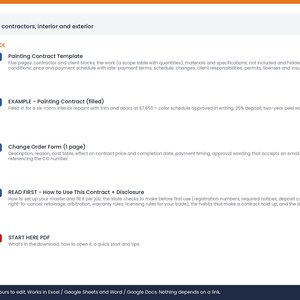 May include: A digital document set for painting contractors including a five-page Painting Contract Template, a filled example contract, a one-page Change Order Form, a Read First guide, and a Start Here PDF, all compatible with Word and Google Docs.