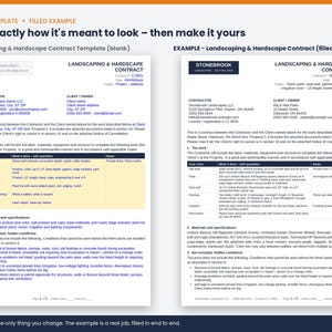Blank Landscaping & Hardscape Contract Template Pack next to the filled example job, so you can see exactly how it is used.