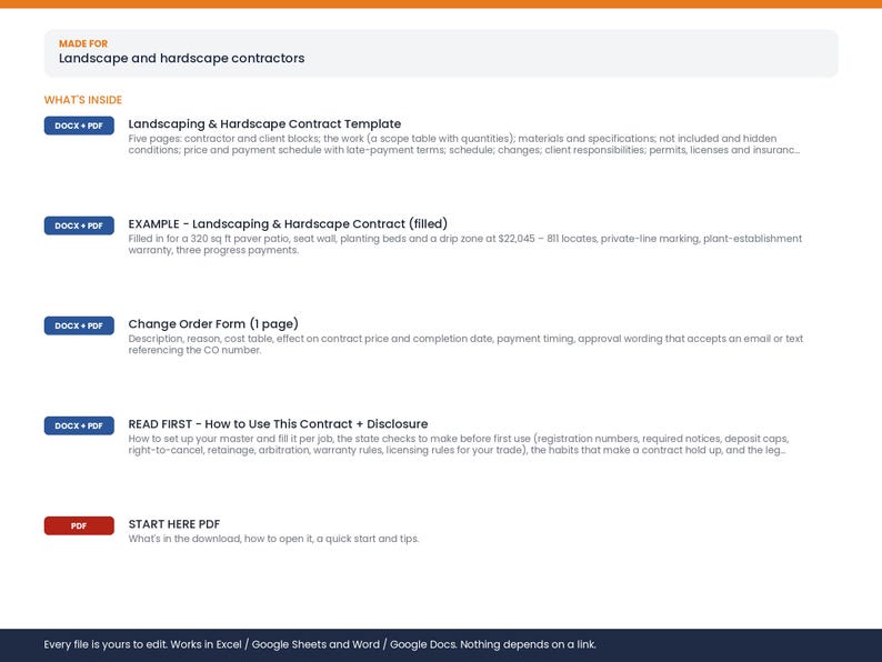 Every file included in the Landscaping & Hardscape Contract Template Pack download, for Word, Google Docs and PDF.