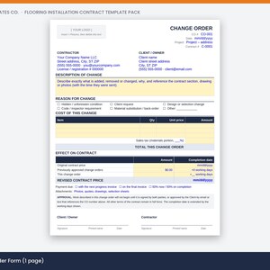 May include: A white flooring installation change order form template with dark blue text and headers. The document includes sections for contractor and client information, description of change, cost breakdown, effect on contract, and signature lines.