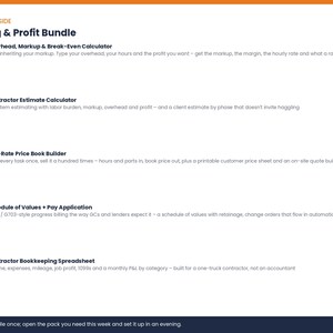 May include: A digital document titled Pricing & Profit Bundle listing five tools: Overhead, Markup & Break-Even Calculator, Contractor Estimate Calculator, Flat-Rate Price Book Builder, Schedule of Values + Pay Application, and Contractor Bookkeeping Spreadsheet.