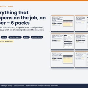 May include: A digital bundle of six professional trade templates including work orders, dispatch, scope of work, change orders, daily job logs, punch lists, and safety certificates. Compatible with Excel, Google Sheets, Word, Google Docs, and PDF formats.