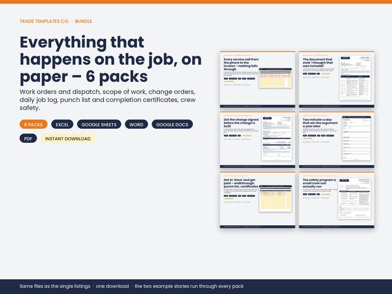 May include: A digital bundle of six professional trade templates including work orders, dispatch, scope of work, change orders, daily job logs, punch lists, and safety certificates. Compatible with Excel, Google Sheets, Word, Google Docs, and PDF formats.