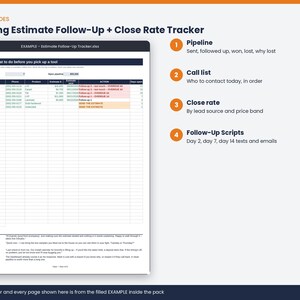May include: A digital spreadsheet titled Flooring Estimate Follow-Up + Close Rate Tracker. The document includes a table for tracking client contact information, estimate amounts, and follow-up actions, alongside a list of four key features.