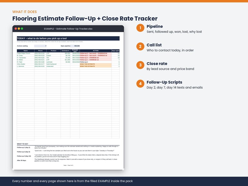 May include: A digital spreadsheet titled Flooring Estimate Follow-Up + Close Rate Tracker. The document includes a table for tracking client contact information, estimate amounts, and follow-up actions, alongside a list of four key features.