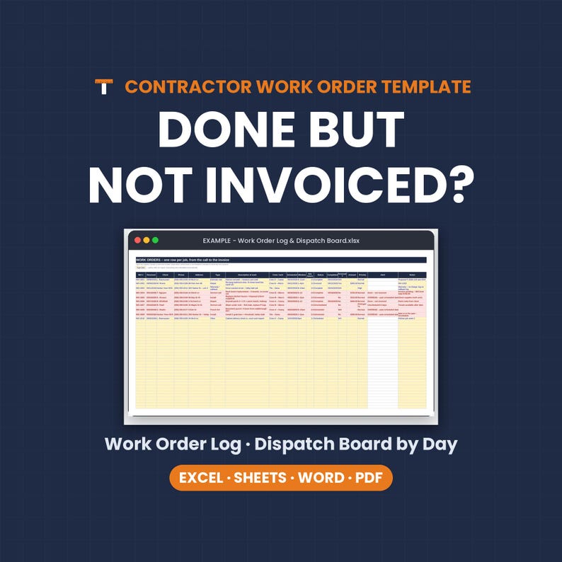Contractor Work Order Template, Dispatch Board, Work Order Log, Excel Google Sheets PDF Word image 1