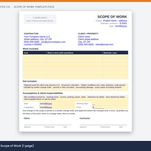 Scope of Work Template, Construction SOW, Exclusions & Assumptions Library, Short Form, Word Google Docs PDF image 6