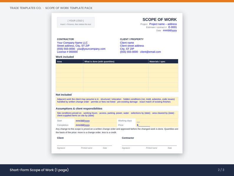 Scope of Work Template, Construction SOW, Exclusions & Assumptions Library, Short Form, Word Google Docs PDF image 6