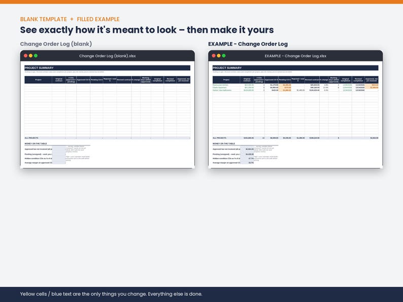 May include: A digital spreadsheet template titled Change Order Log, showing a blank version on the left and a filled example on the right. The layout includes a Project Summary table with columns for project details, costs, and status updates.