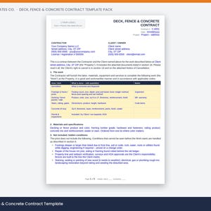 May include: A digital contract template titled Deck, Fence & Concrete Contract. The document includes sections for contractor and client information, a table for project details, materials and specifications, and a list of excluded conditions.