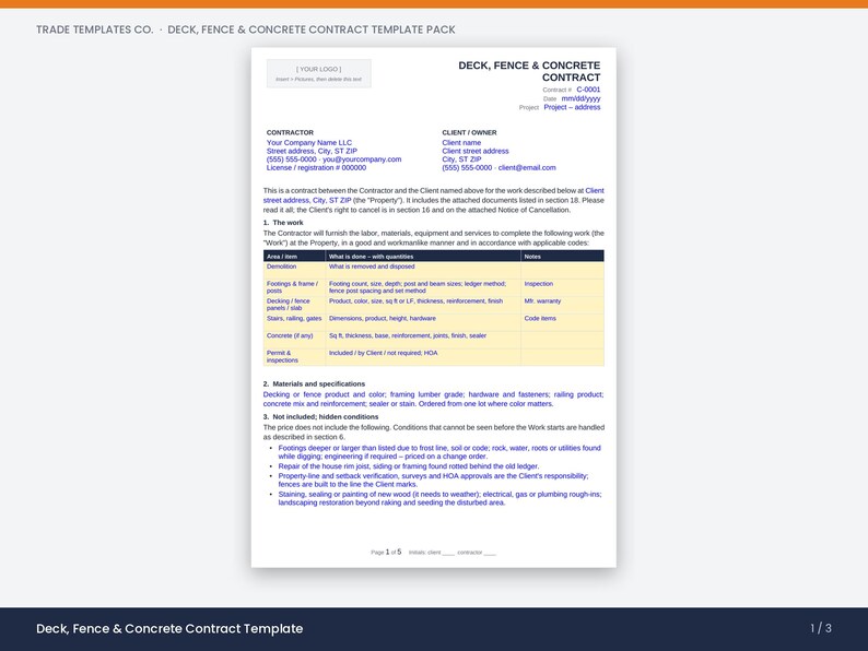 May include: A digital contract template titled Deck, Fence & Concrete Contract. The document includes sections for contractor and client information, a table for project details, materials and specifications, and a list of excluded conditions.