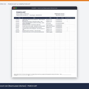 May include: A digital spreadsheet template titled PUNCH LIST for a kitchen remodel project. The document includes columns for area, item, responsible party, due date, status, and client initials, with nine rows of example construction tasks listed.