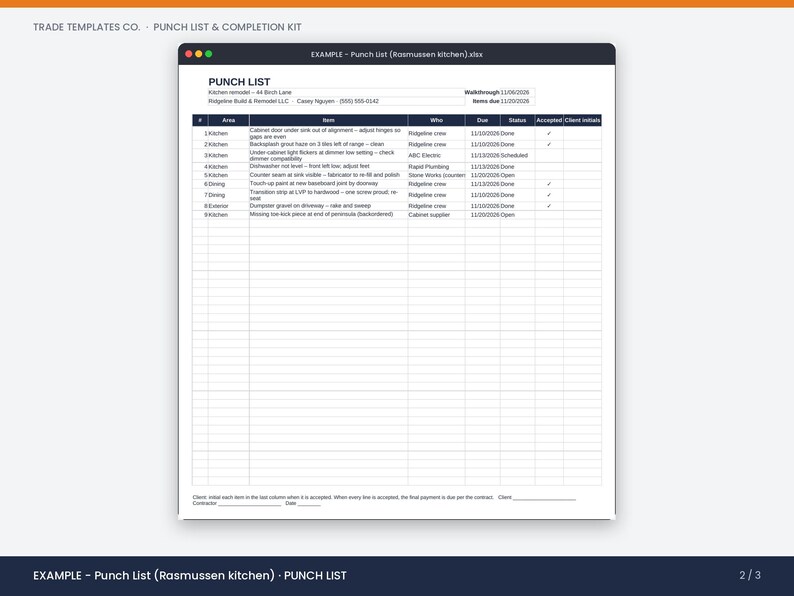 May include: A digital spreadsheet template titled PUNCH LIST for a kitchen remodel project. The document includes columns for area, item, responsible party, due date, status, and client initials, with nine rows of example construction tasks listed.