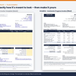 May include: A digital document display showing a blank contractor invoice template on the left and a filled-out contractor progress invoice example on the right. Both documents feature dark blue headers, tables for billing, and sections for payment details.