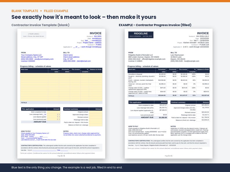 May include: A digital document display showing a blank contractor invoice template on the left and a filled-out contractor progress invoice example on the right. Both documents feature dark blue headers, tables for billing, and sections for payment details.