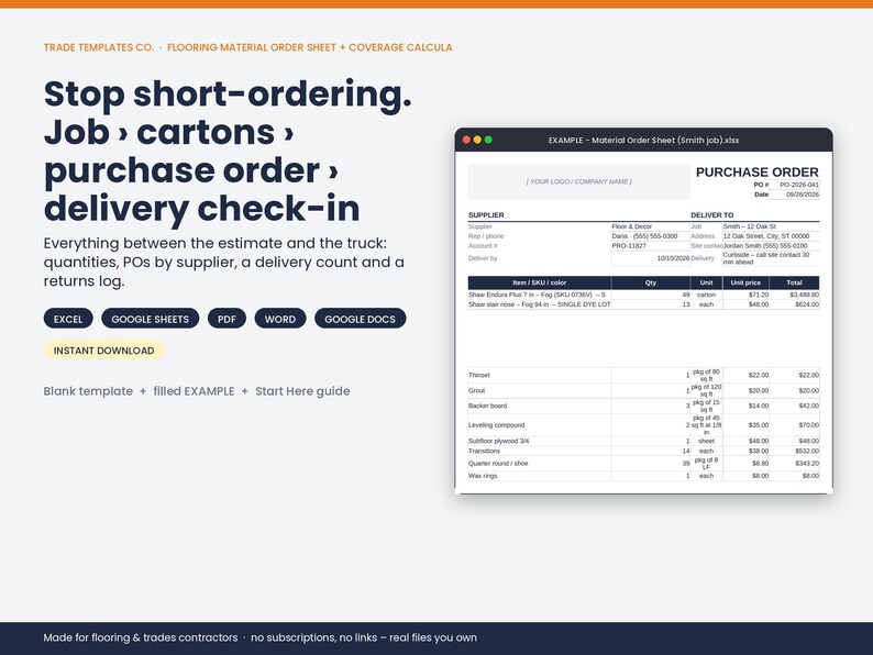 May include: A digital flooring material order sheet and coverage calculator template. The document includes sections for supplier details, delivery information, itemized lists with quantities, unit prices, and totals. It is compatible with Excel, Google Sheets, PDF, Word, and Google Docs.